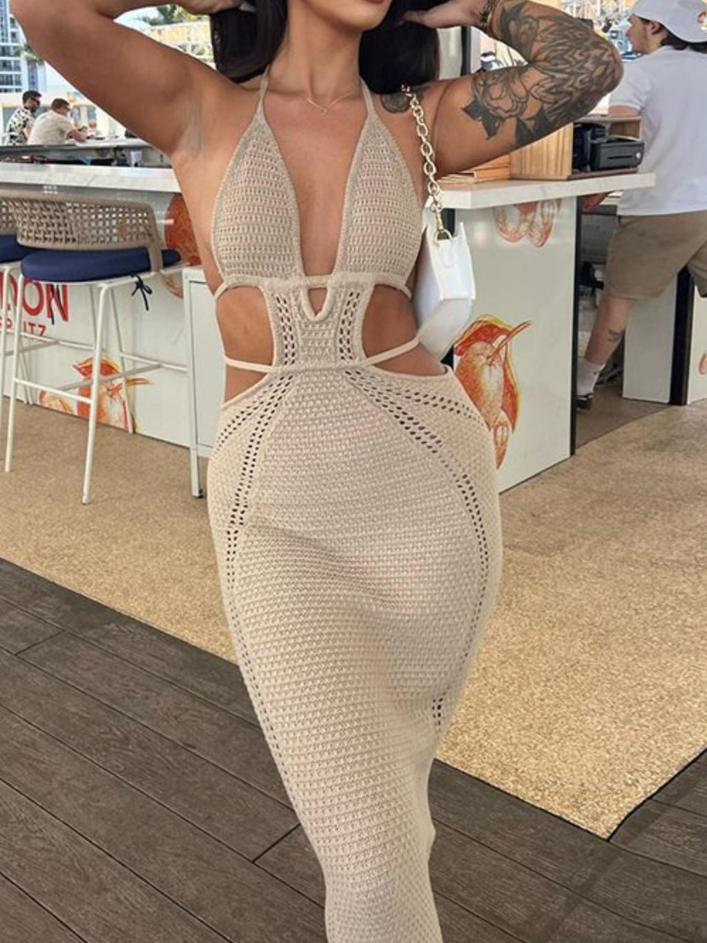 Yellow Halter Neck Cutout Knitted Maxi Dress