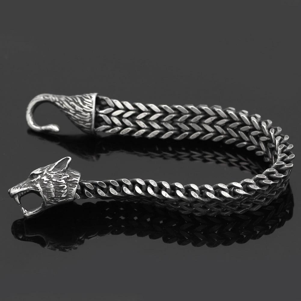 Men's Stainless Steel Vintage Black Wolf Head Cuban Chain Bracelet