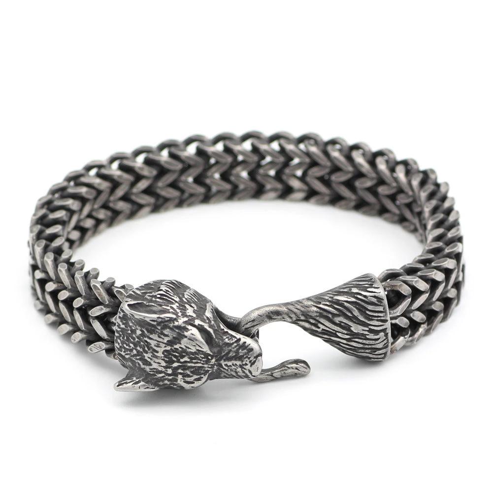 Men's Stainless Steel Vintage Black Wolf Head Cuban Chain Bracelet