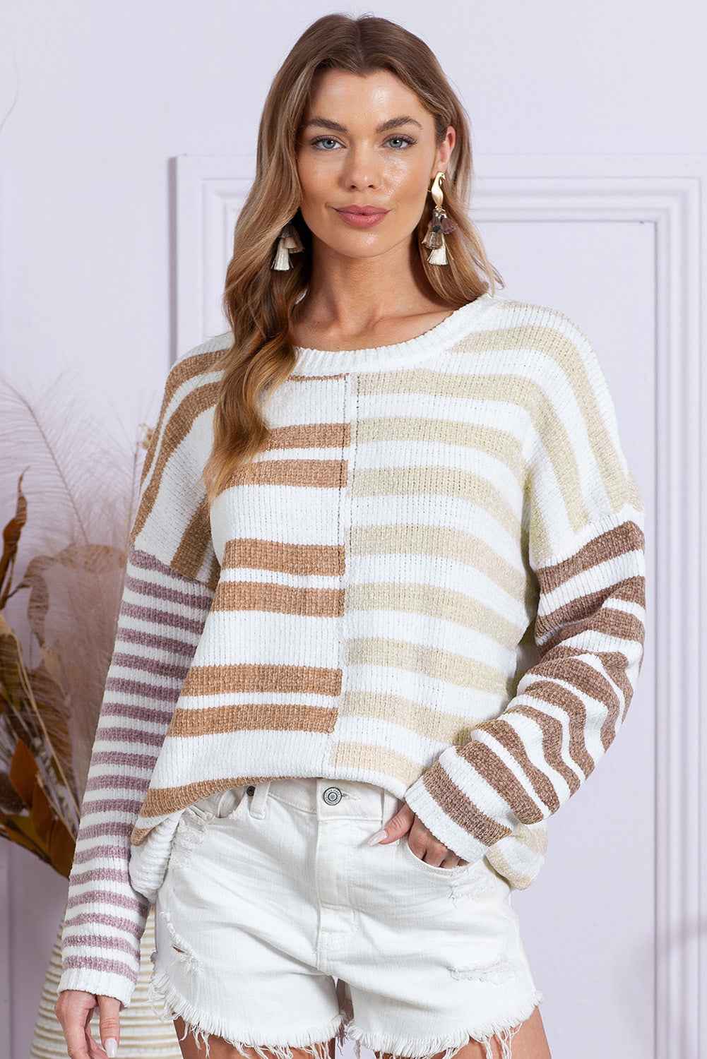 Color Block Striped Sweater Women's Drop Shoulder Pullover Women's Top