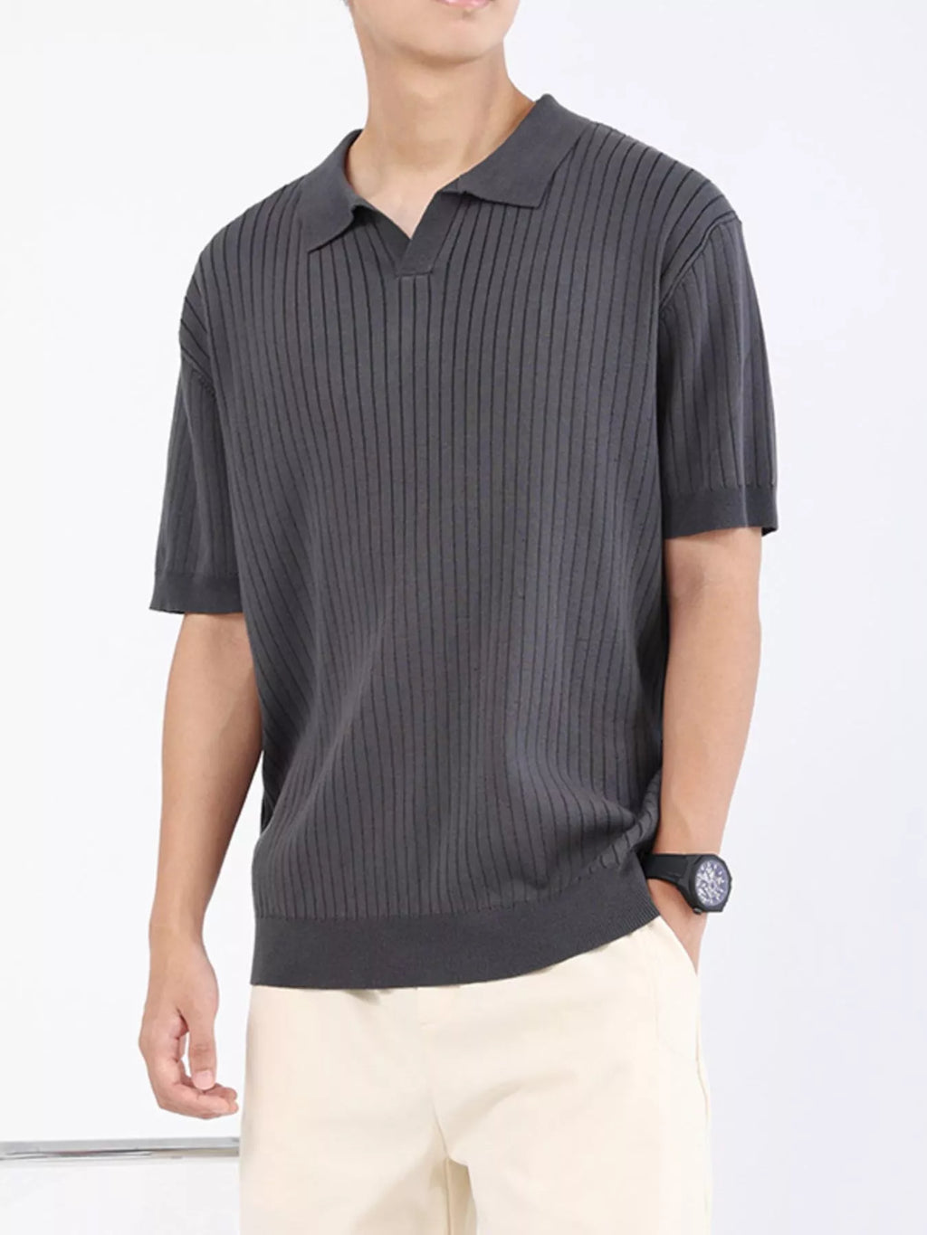 Men's Plus Size Ribbed Knit Short Sleeve Polo