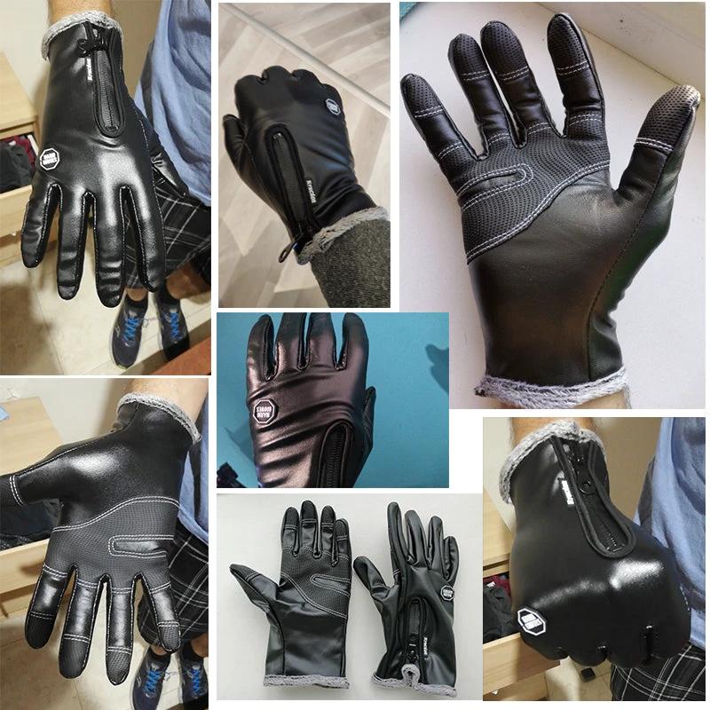 Windproof And Waterproof Zipper Faux Leather Gloves