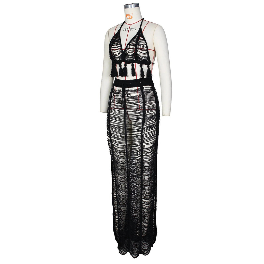See-through Tassel Knitted Beach Skirt Suit