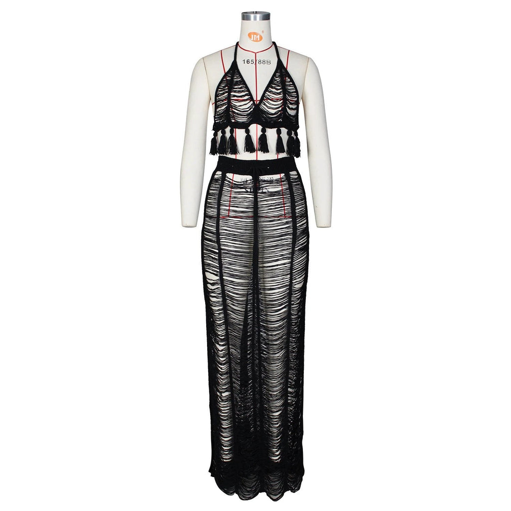See-through Tassel Knitted Beach Skirt Suit