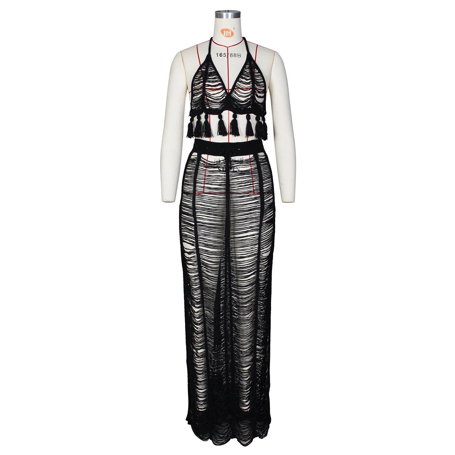 See-through Tassel Knitted Beach Skirt Suit