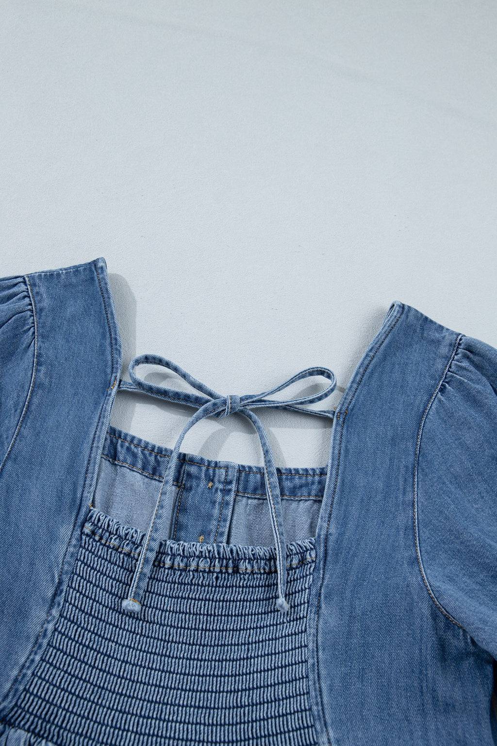 Prussian Blue Button Square Neck Short Puff Sleeve Denim Mini Dress