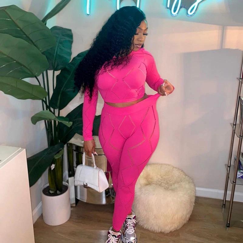 Women's Hollow-out Ripped High Waist Tight Pants Casual Sports Suit