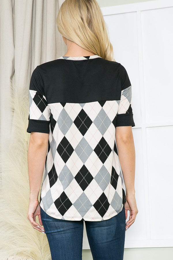 Argyle Print Button Front Jersey Top