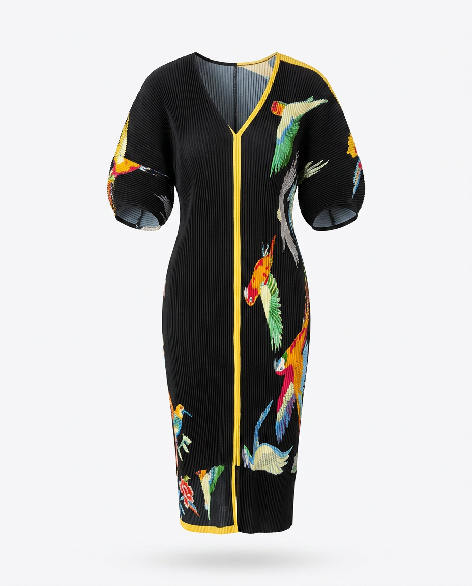 Spirited Pleated Bird Print Kaftan Dress