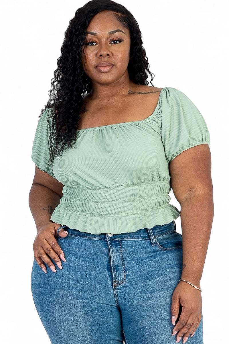Curvy Casual Ruched Puff Sleeve Ribbed Knit Solid Top {BT3544X}