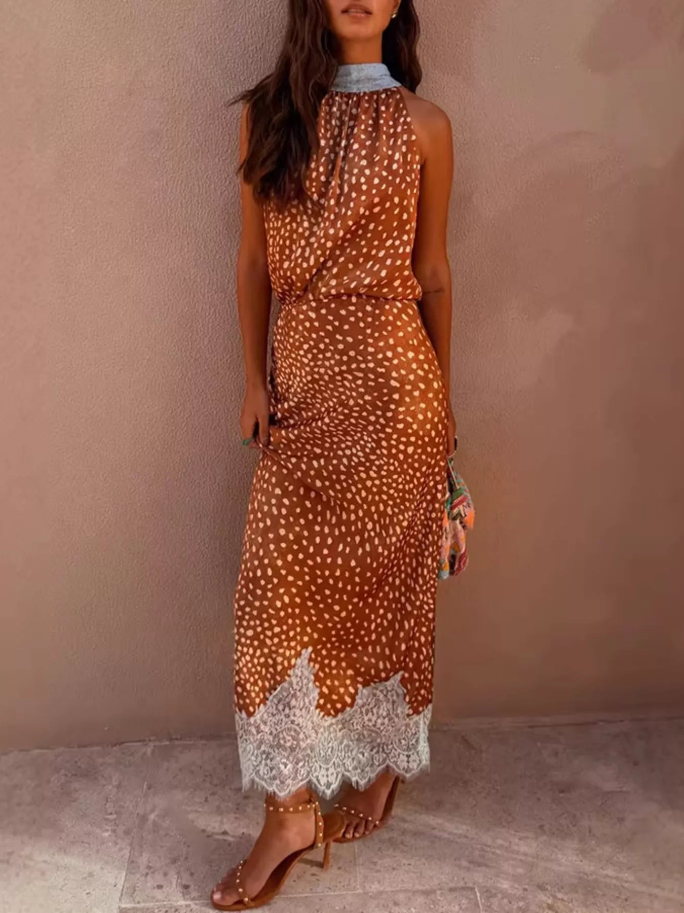 Brown Polka Dot Sleeveless Top and Lace Detail Skirt Set