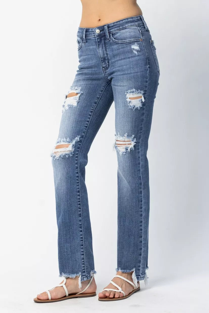 Judy Blue Plus Size Mid Rise Destroyed Straight Jeans Distressed Everyday Look For Women