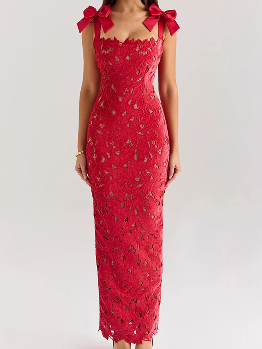 Black Lace Maxi Dress with Tie Shoulder Detail