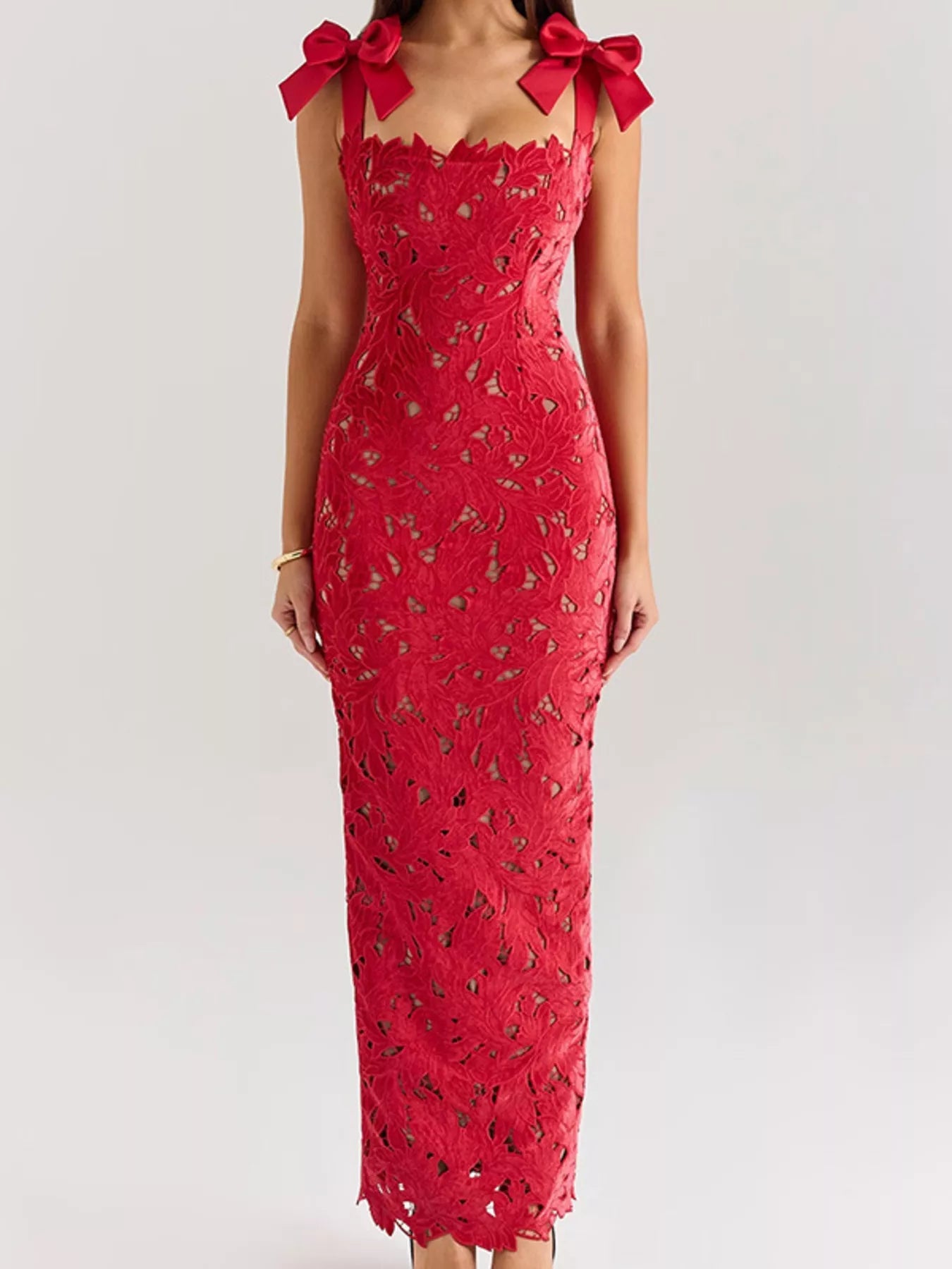 Black Lace Maxi Dress with Tie Shoulder Detail
