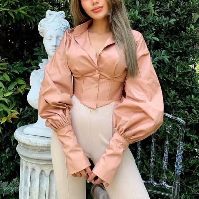 Women's Tie Waist Lapel Balloon Sleeve Shirt See size chart under “more details”