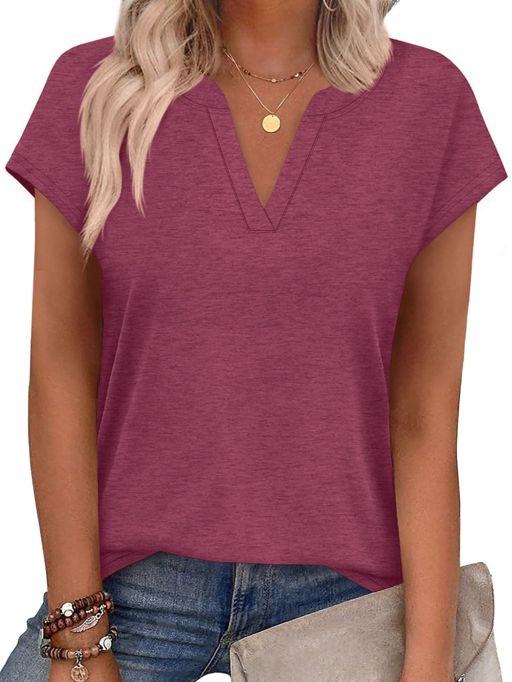 Women's Blue Notched Neck Short Sleeve Basic T-Shirt