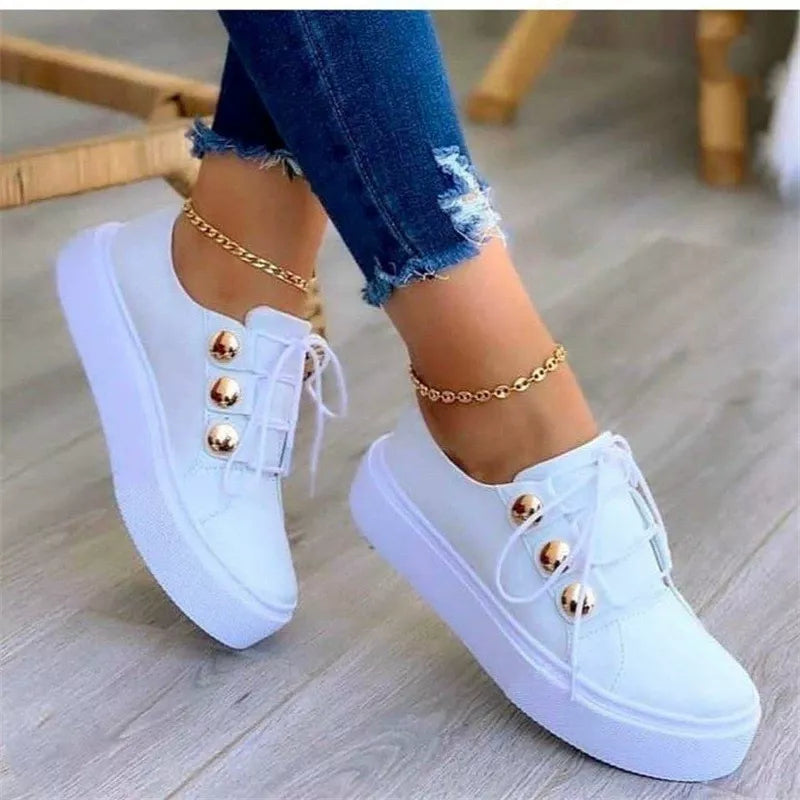 Women's Black Platform Sneakers with Gold Button Details