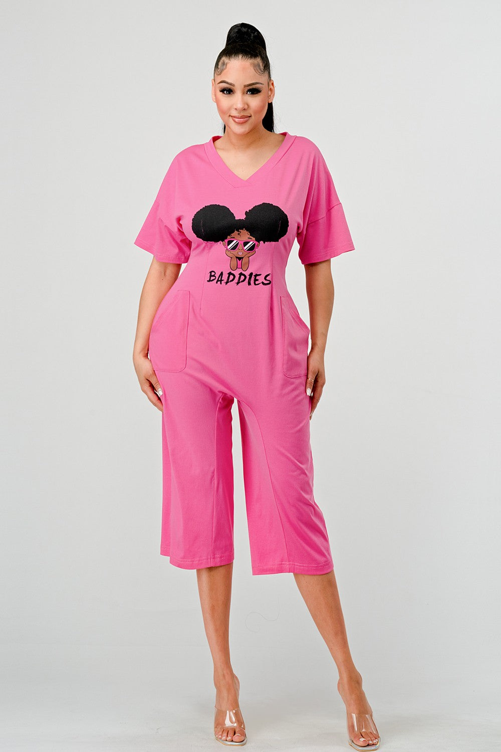 Sassy Chic: Bubblegum Pink Graphic Baddies Jumpsuit Pajamas