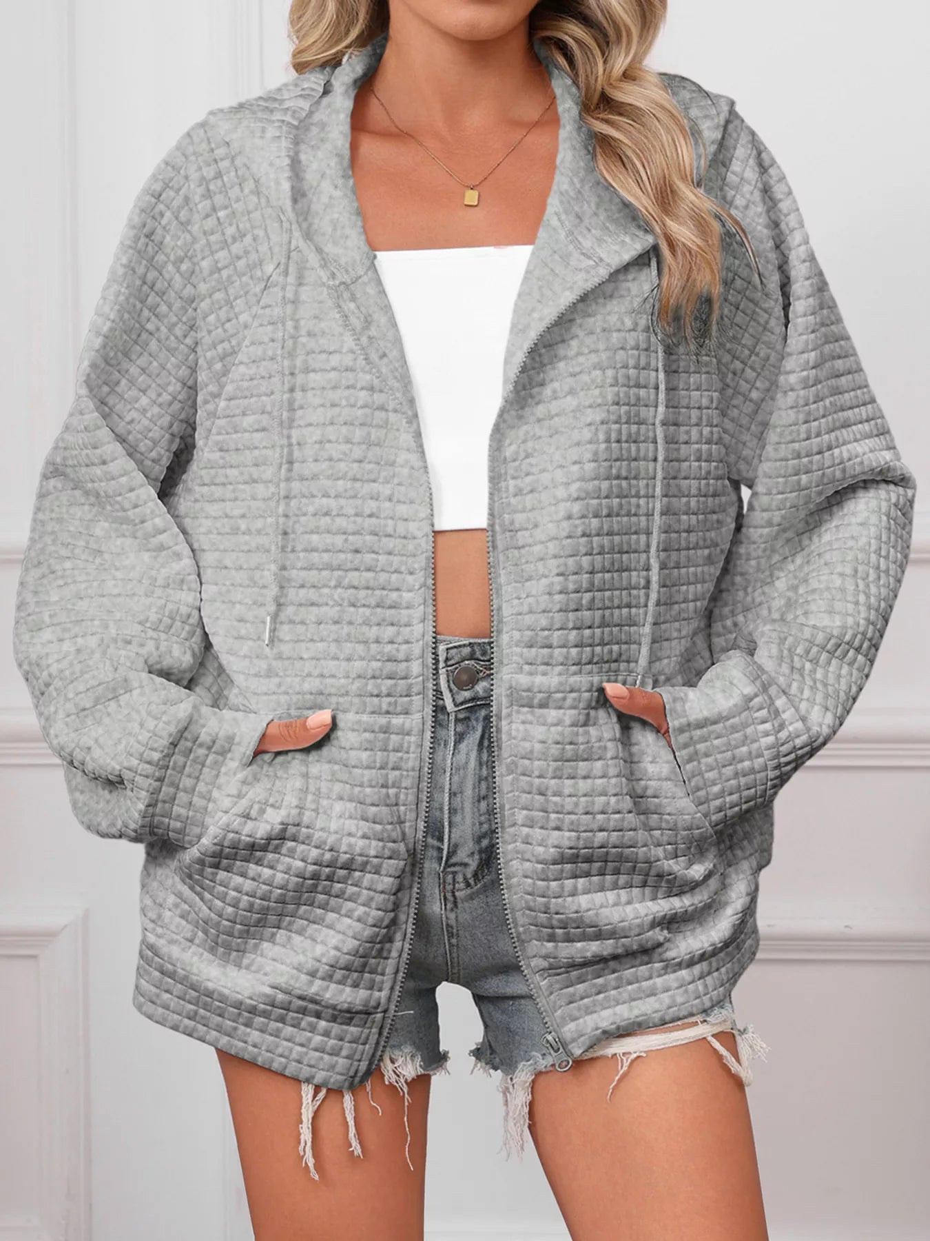 White Quilted Zip-Up Hooded Jacket with Drawstring