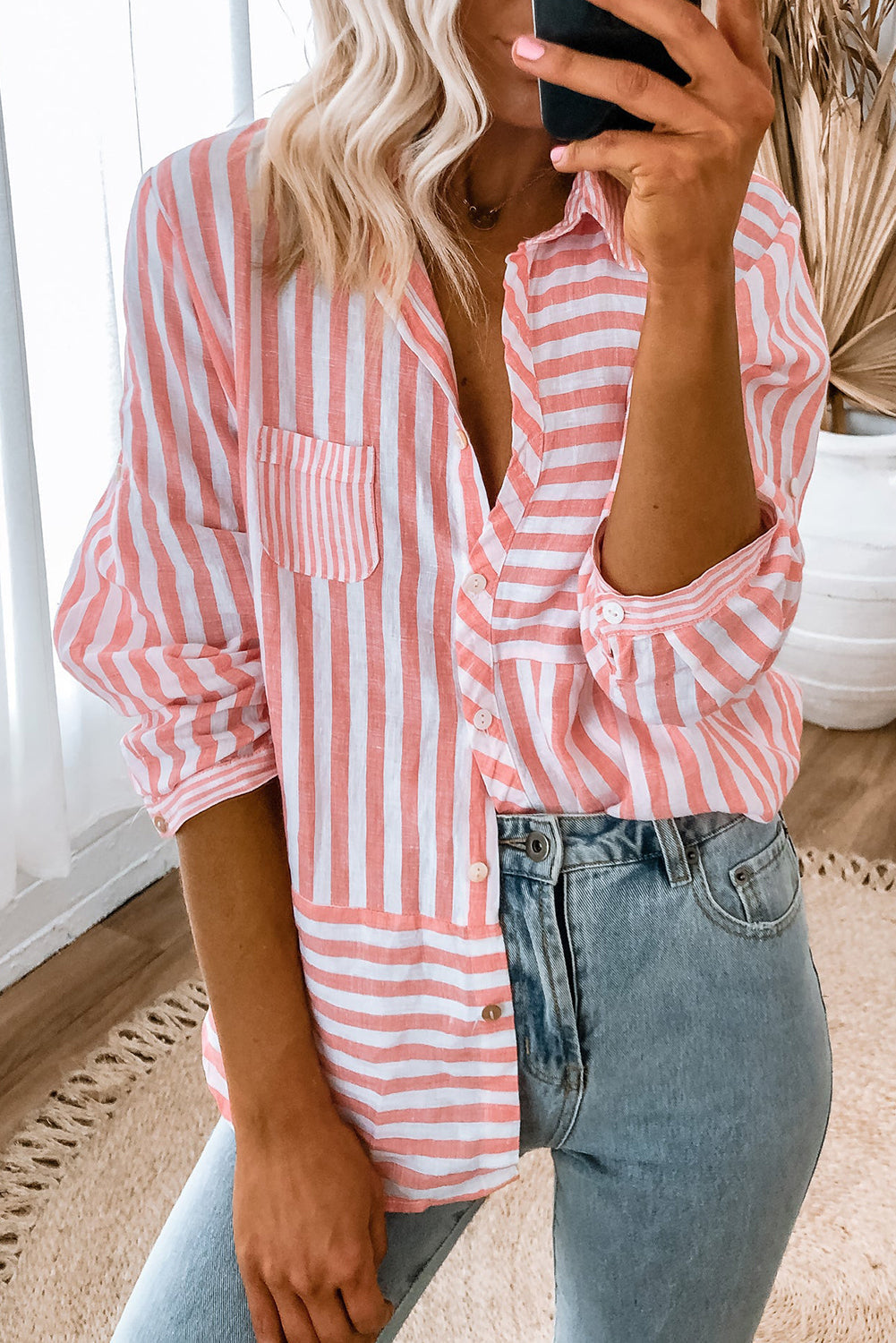 Pink Stripe Buttoned Long Sleeve Casual Women's Blouse