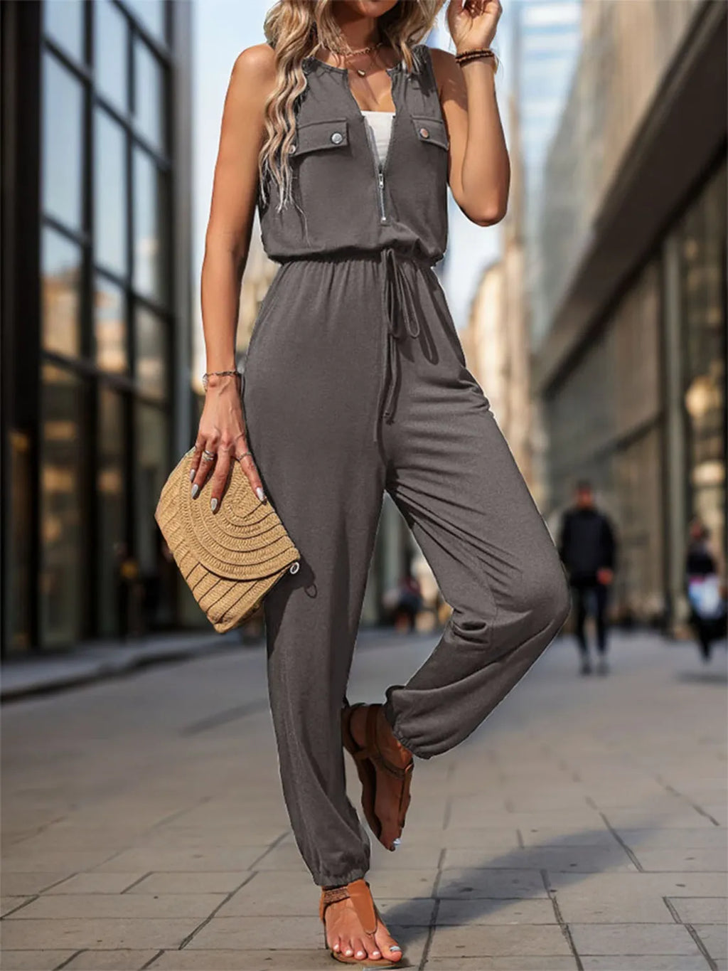 Gathered Waist Sleeveless Jumpsuit - Wide Leg