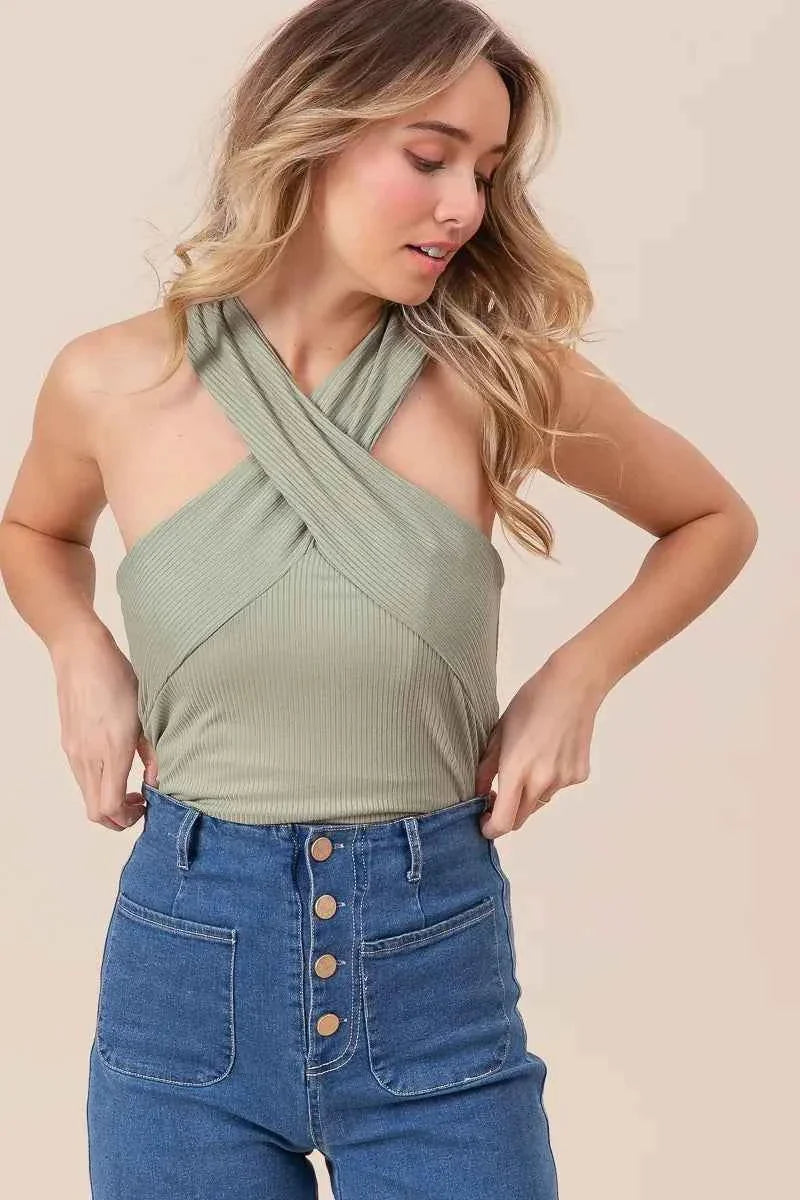 BiBi Rib Knit Cross Neck Women's Top - Stylish Band Design