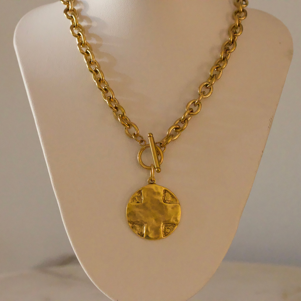 The Lord's Prayer Cross Medallion Toggle Necklace Gold or Silver