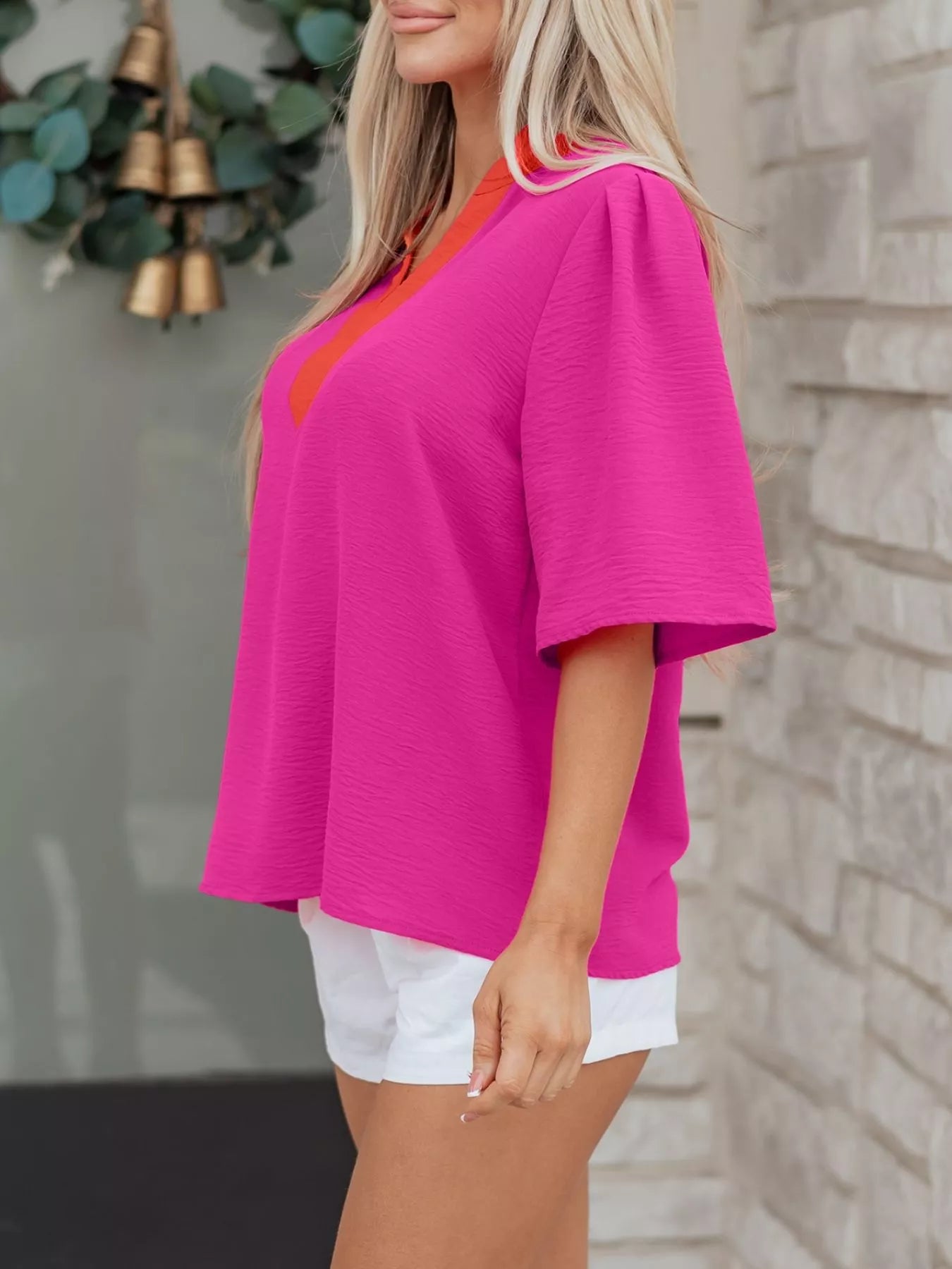 Hot Pink Notched Neck Half Sleeve Blouse with Orange Contrast