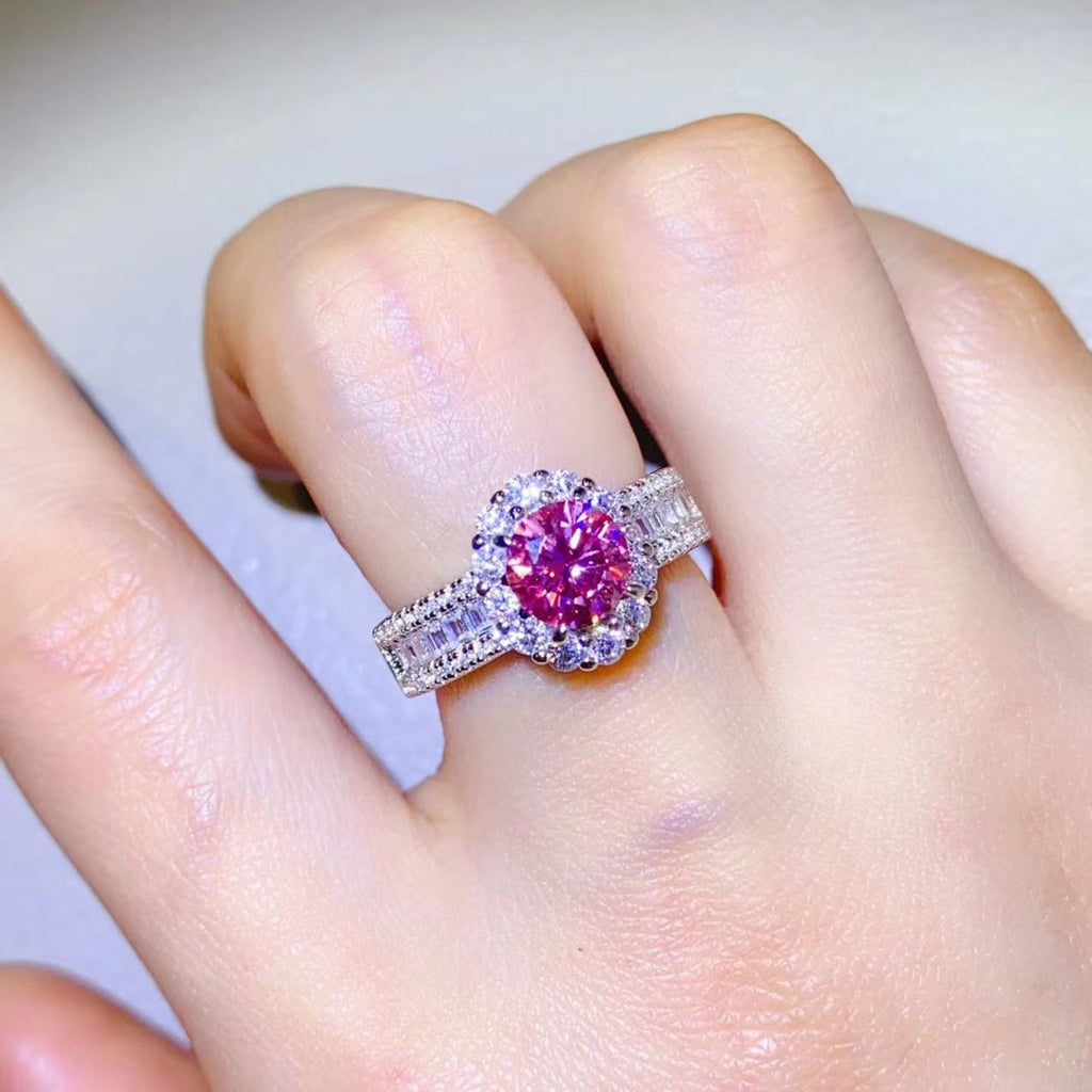 1 Carat Fuschia Red Sparkala™ Pure Sterling Silver Halo Ring