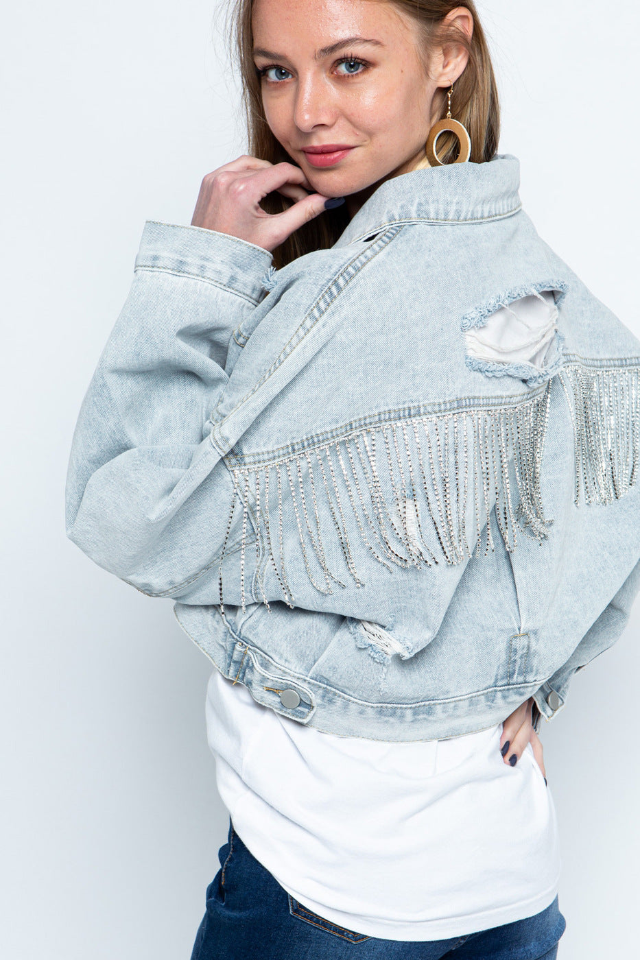 Ripped Rhinestone Denim Jacket Tassel Long Sleeve Denim Jacket See size chart under “more details”