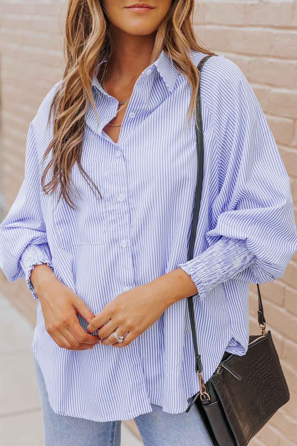 Striped Casual Blouse with Shirred Cuffs