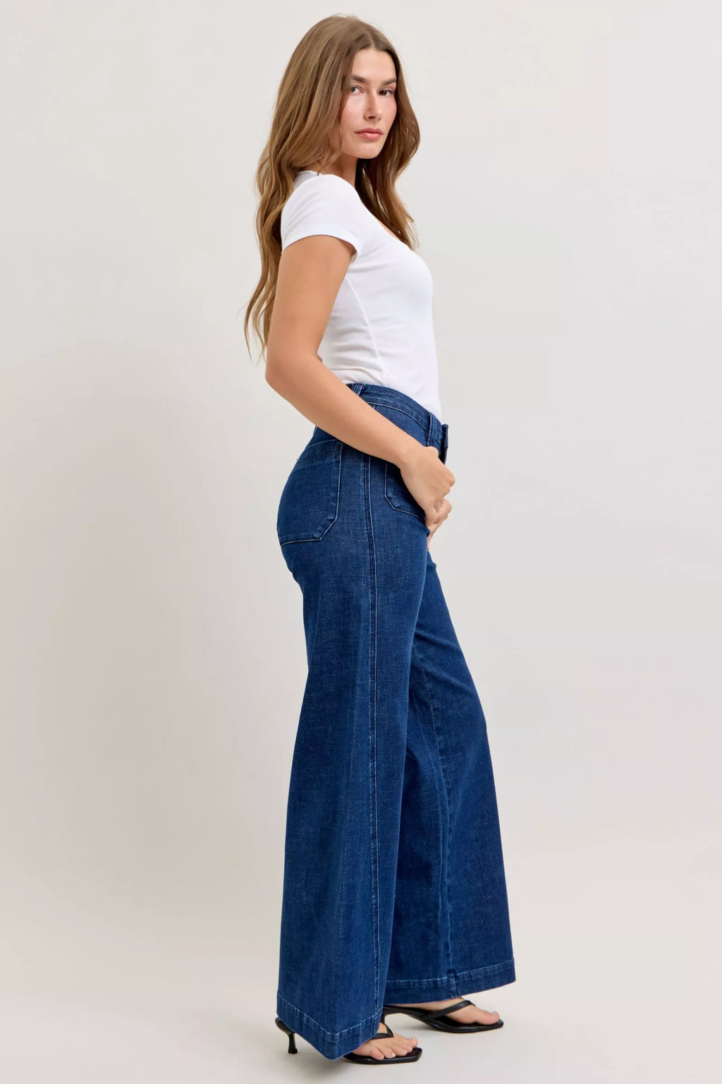 Judy Blue High Waisted Retro Wide Jeans For Women With Patch Pockets And Twisted Seams