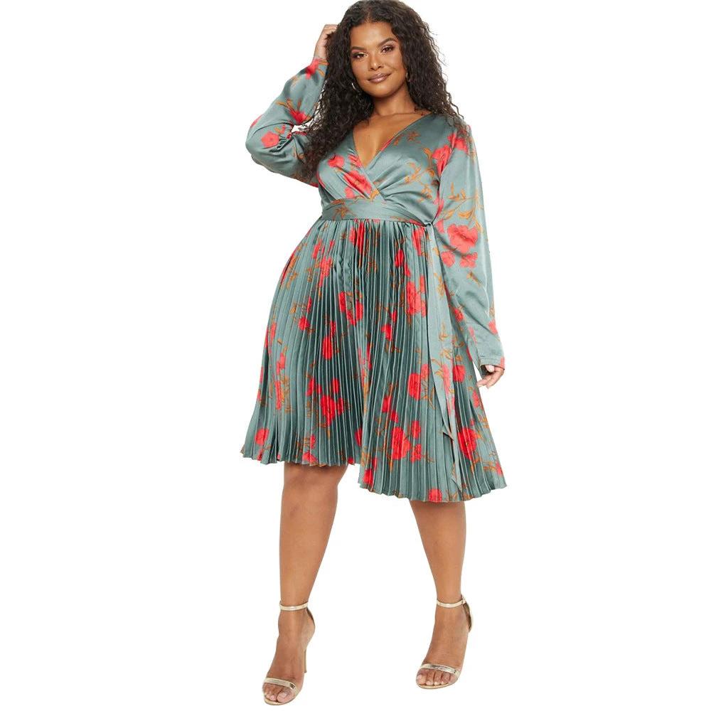 Deep V-neck Pleated Temperament Dress Women