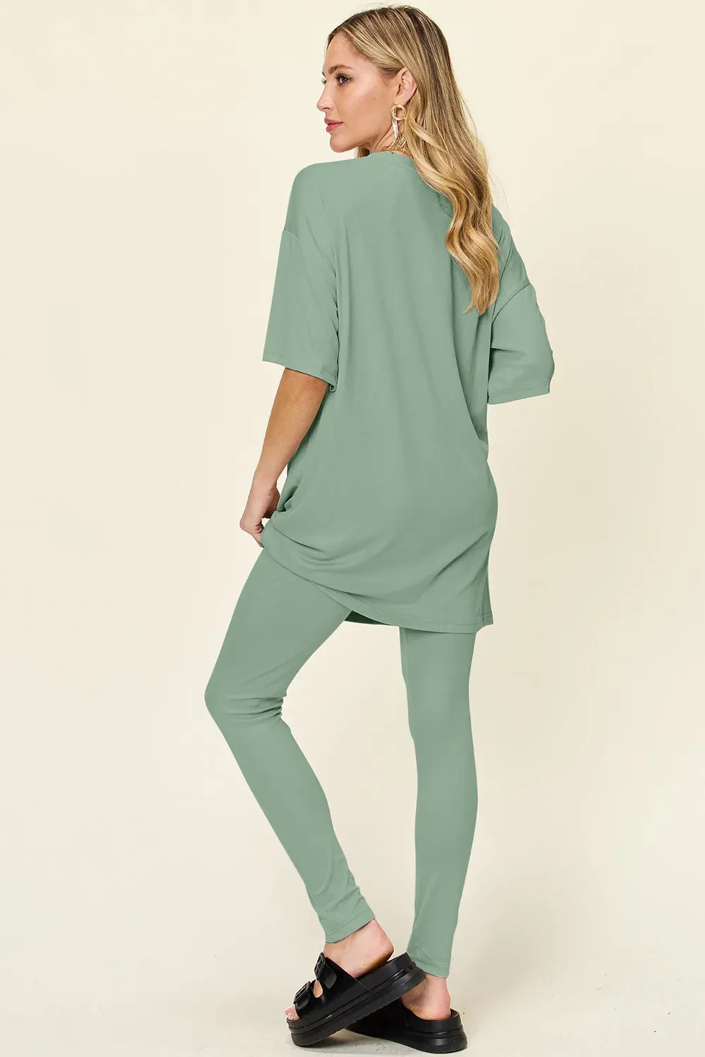 Women Two Piece T Shirt And Leggings Set With Dropped Shoulder Round Neck Full Size Comfortable Everyday Casual