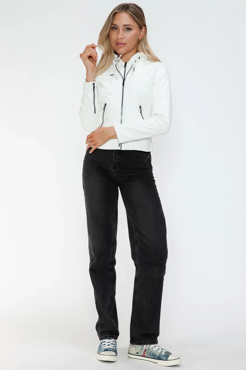 Snobbish Faux Leather Zip Up Drawstring Hooded Jacket