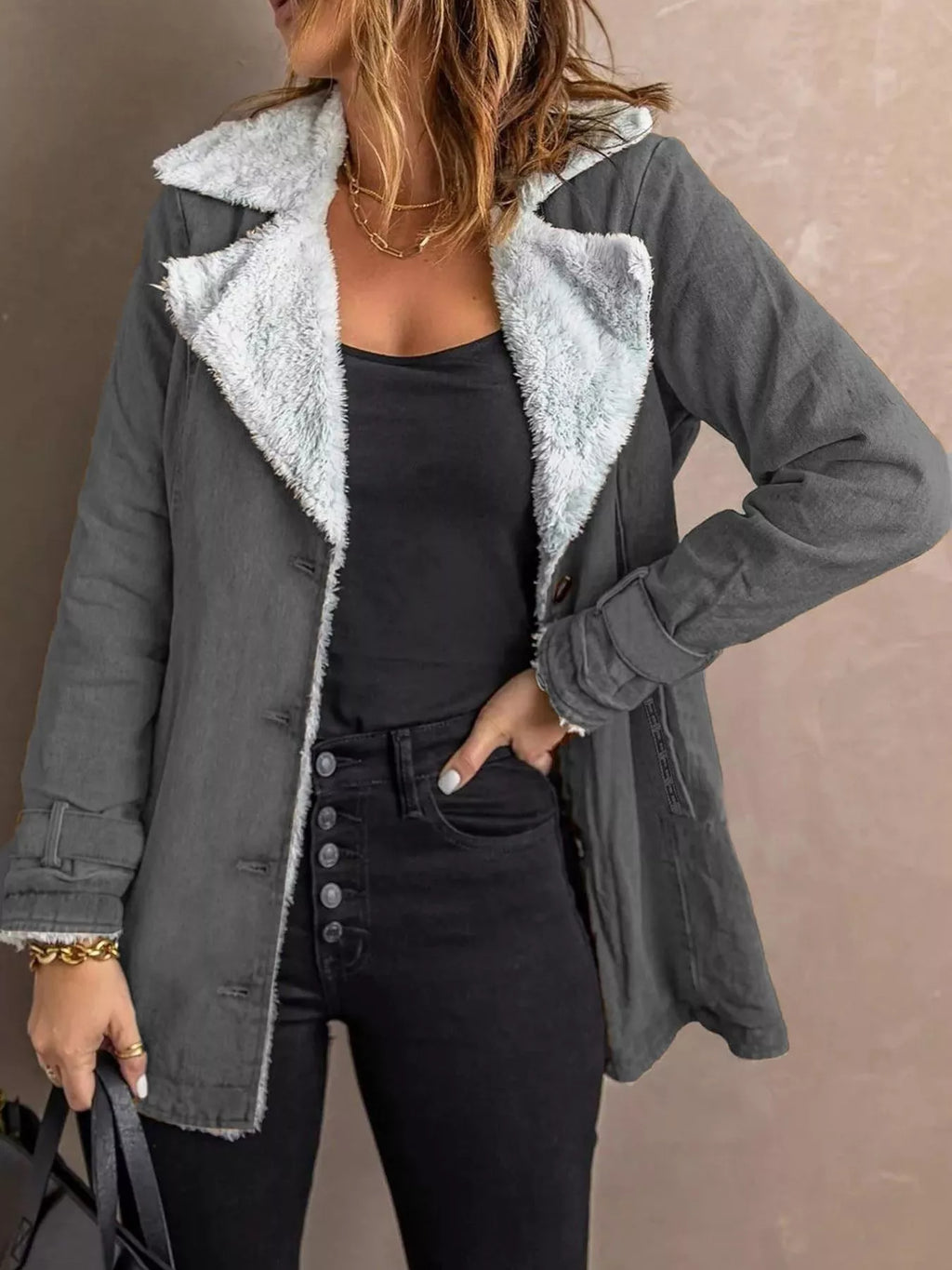 Women's Grey Button Up Jacket with Soft Sherpa Lining