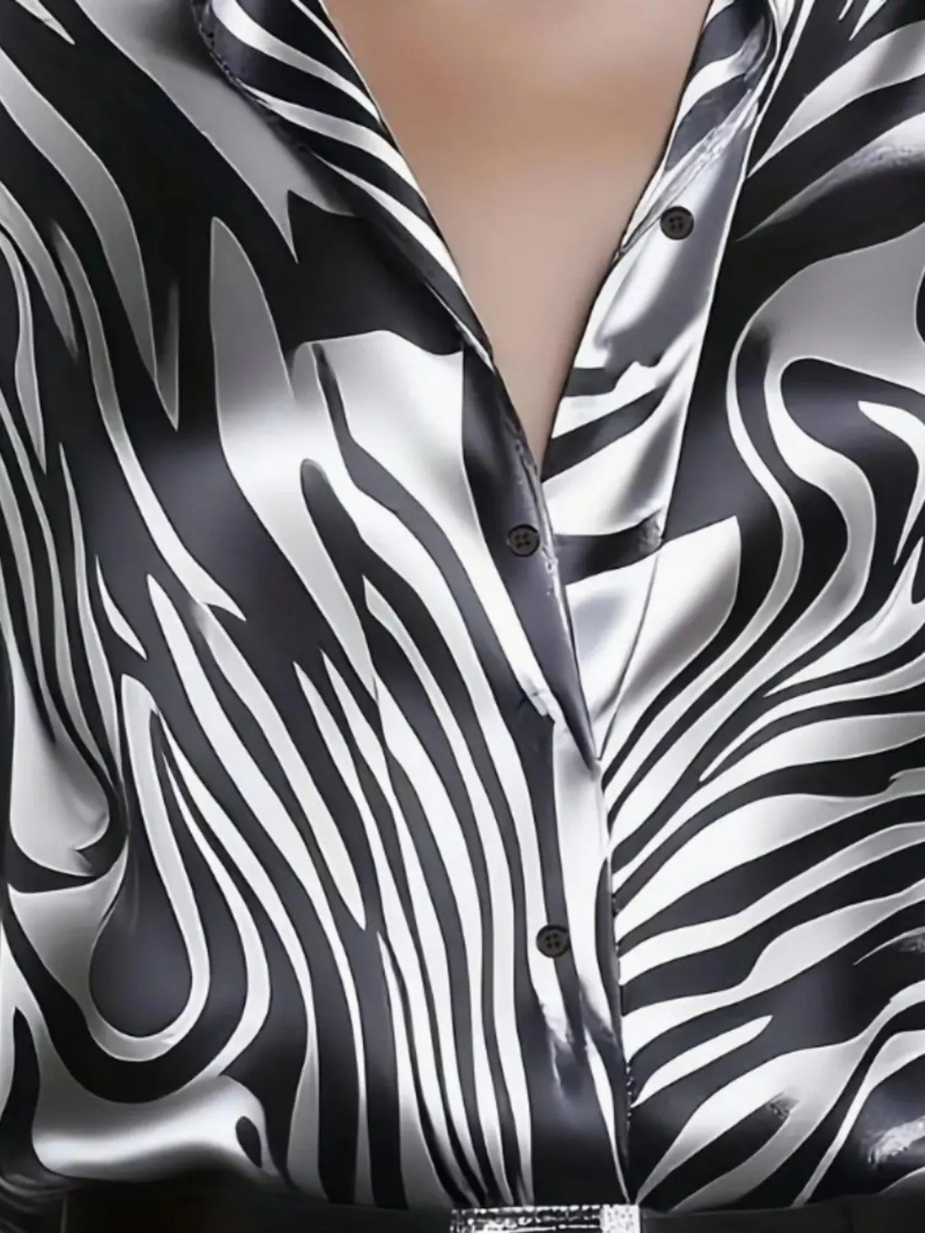 Zebra Print Satin Button Up Shirt | Black & White