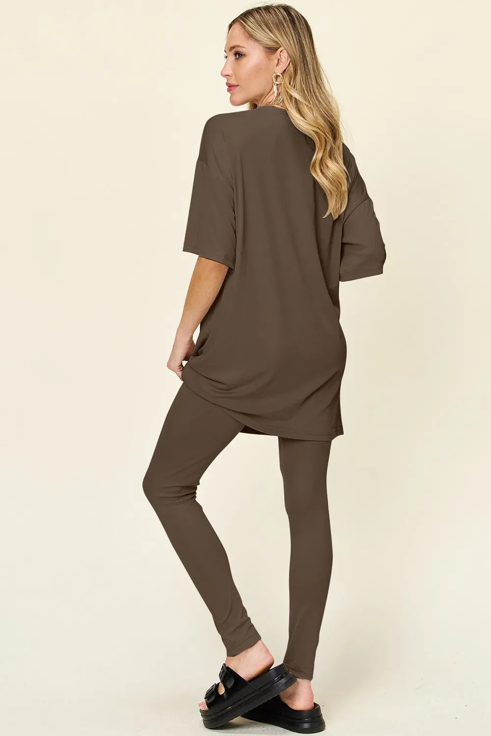 Women Two Piece T Shirt And Leggings Set With Dropped Shoulder Round Neck Full Size Comfortable Everyday Casual