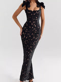 Black Lace Maxi Dress with Tie Shoulder Detail