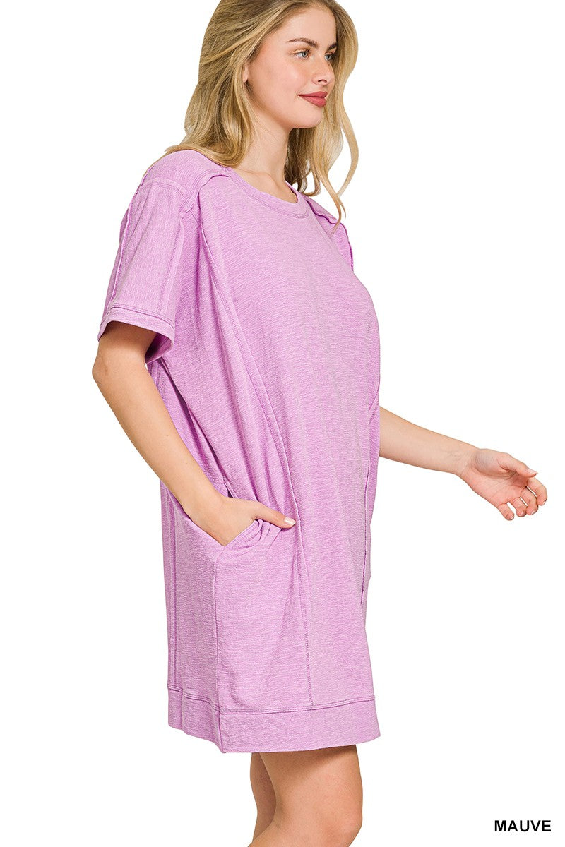 Zenana Washed Slub Mini Dress with Pockets - Mauve