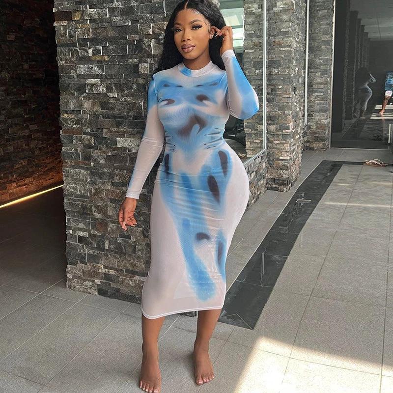 New Street Print Round Neck High Waist Pullover Long Sleeve Slim Wrap Buttock Long Dress For Women