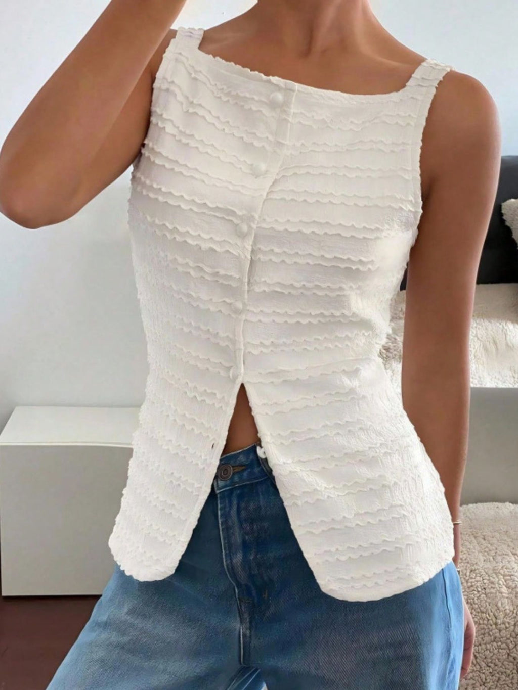 Women's Textured Button-Front Knit Tank Top