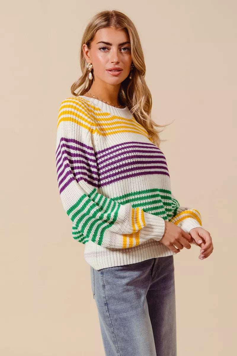 SO ME Mardi Gras Striped Raglan Sweater Top For Women Bold Colors Cozy Knit Giftable Holiday Essential