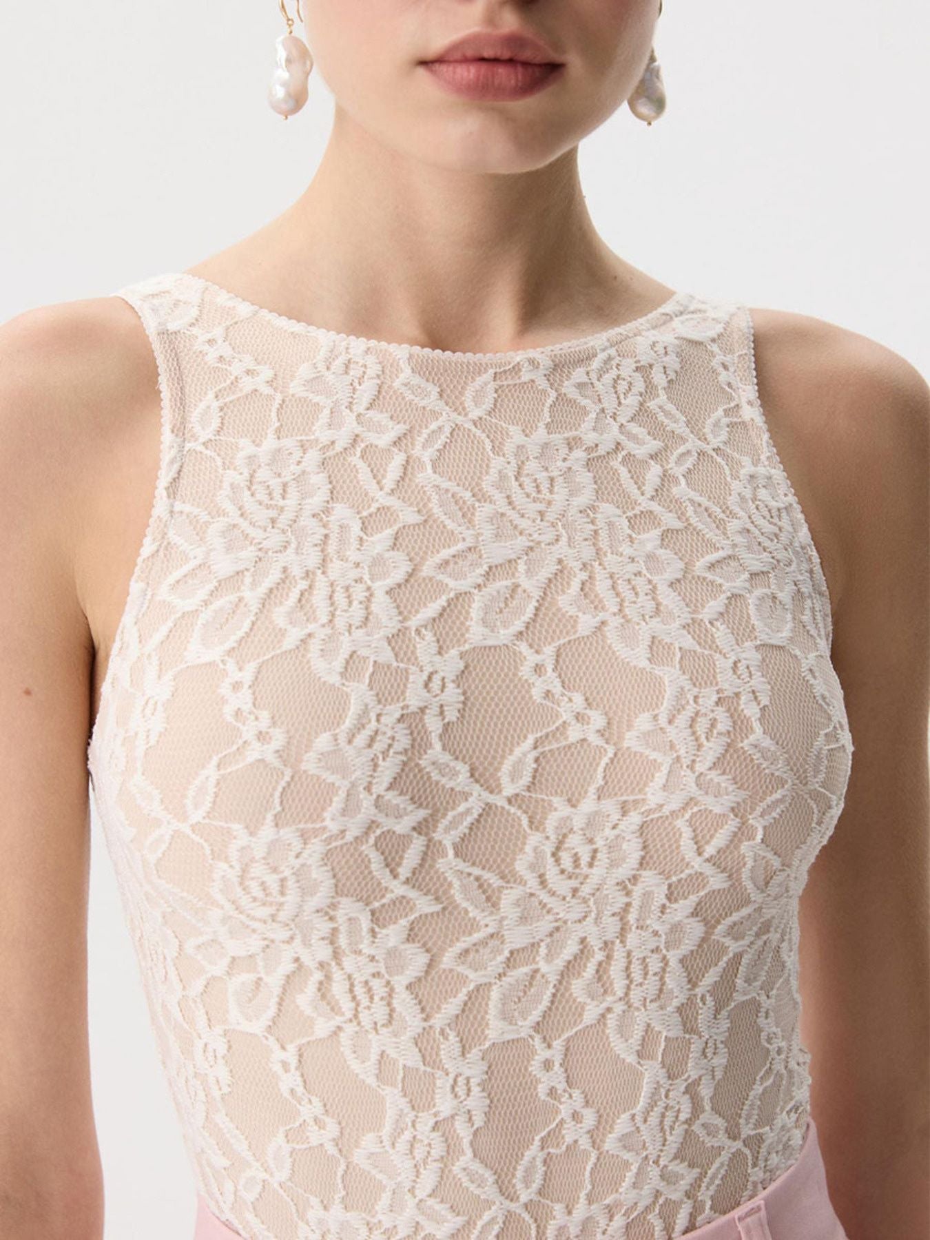 Women's Sheer Floral Lace Round Neck Tank Top in Ivory