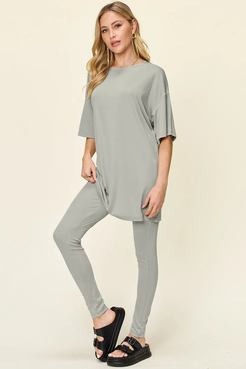 Women Two Piece T Shirt And Leggings Set With Dropped Shoulder Round Neck Full Size Comfortable Everyday Casual
