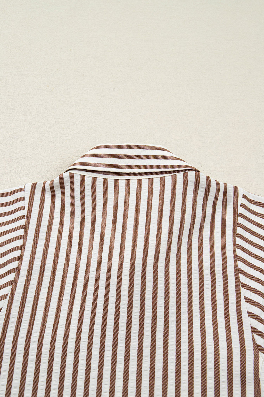 Brown Stripe Knot Waist Puff Sleeve Button Down Mini Shirt Dress