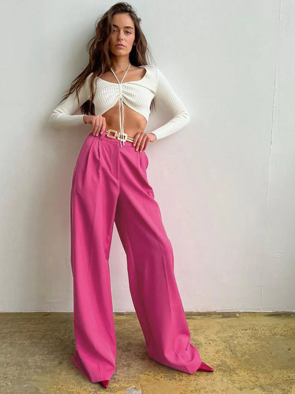 Women's High-Rise Wide Leg Pleated Pants – Relaxed Floor Length