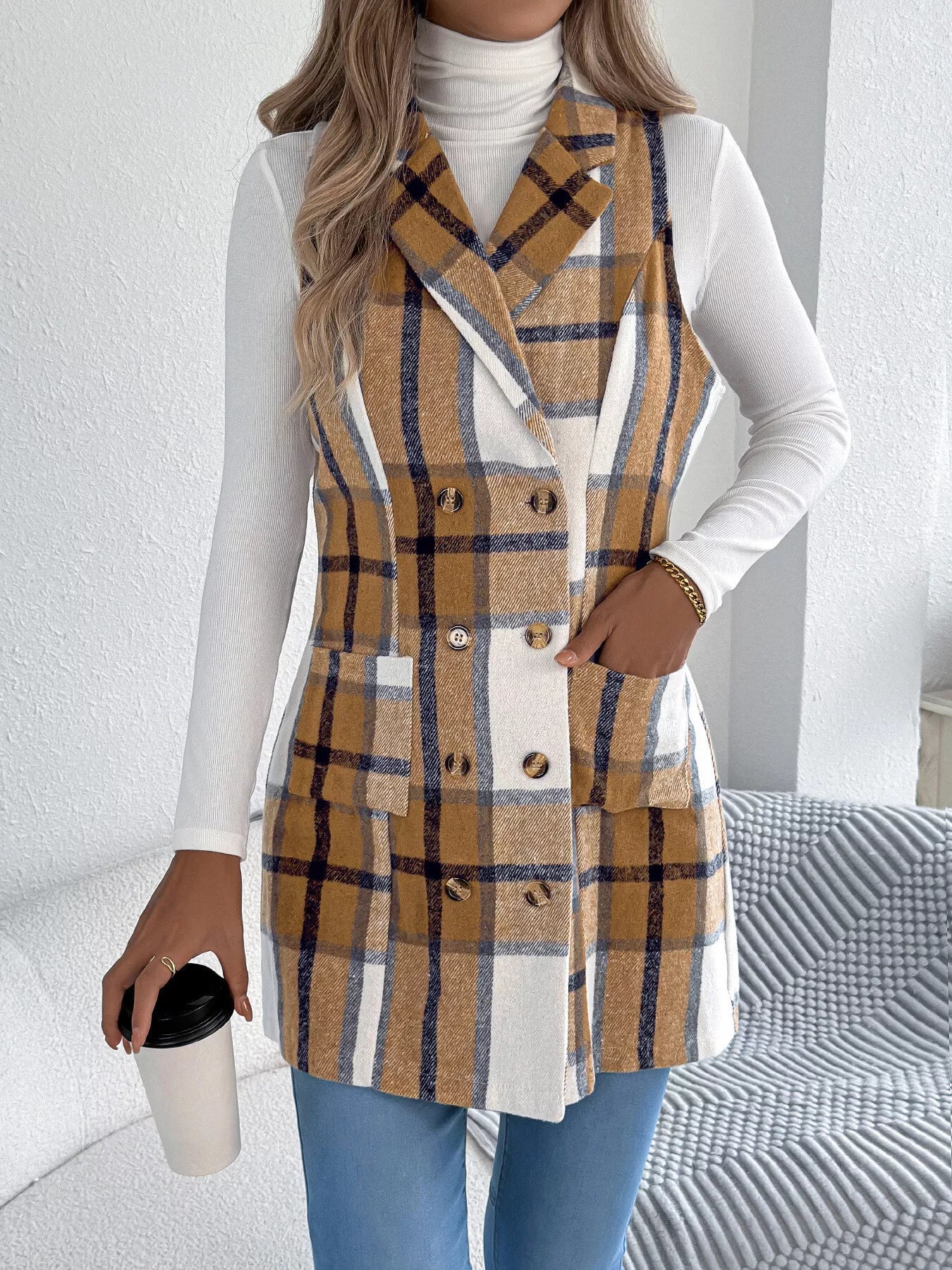 Women's Plaid Double-Breasted Vest Coat in Camel and White