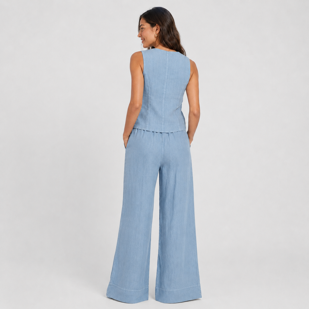 2-Piece Cotton Linen Matching Set - V-Neck Button-Down Vest & High-Waisted Wide-Leg Pants Suit