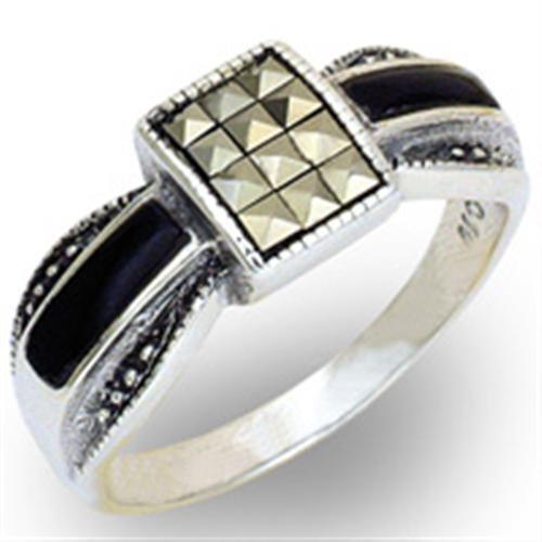 Antique Tone 925 Sterling Silver Ring with Semi-Precious Jade in Jet Size 7